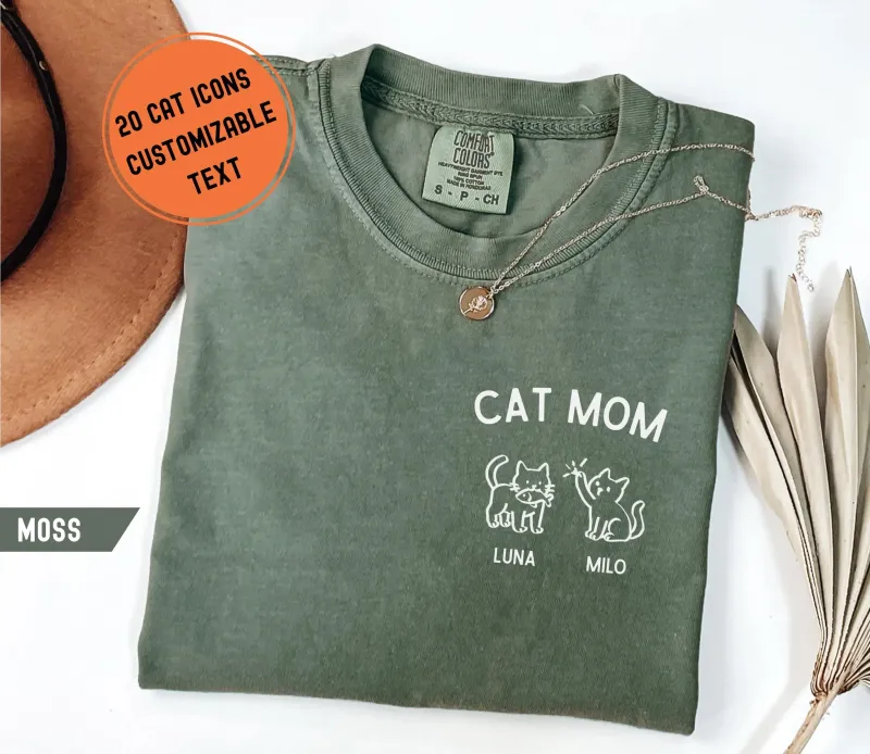 Moss green custom cat mom shirt with cat icons and names