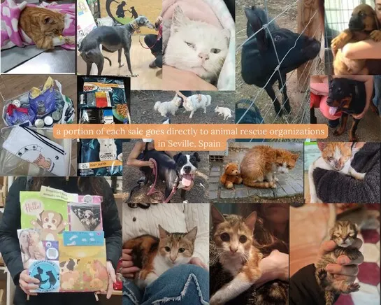 Collage of rescued animals supported by StudioLiaCo sales in Seville, Spain